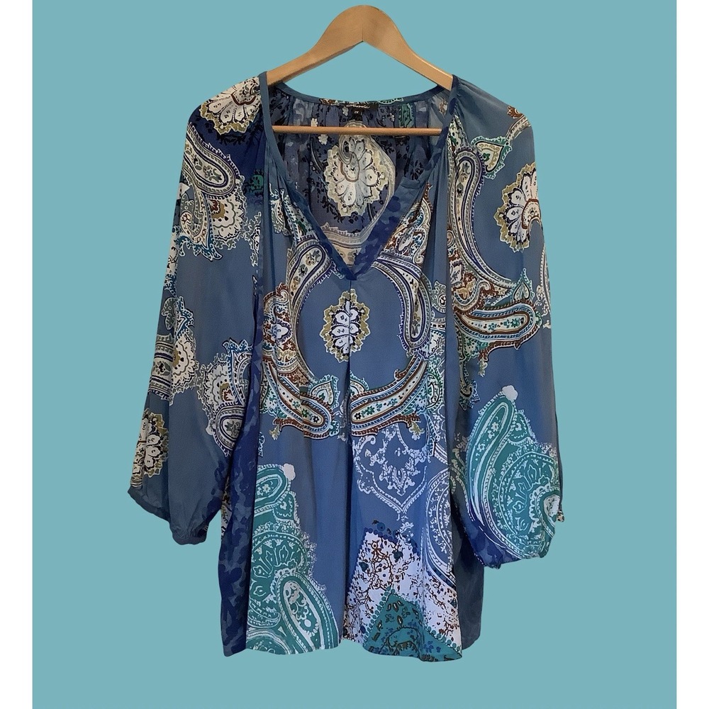Soirée Plus Size Blue Paisley Print Blouse Relaxed Tunic Fun Summer Top Sz 2X